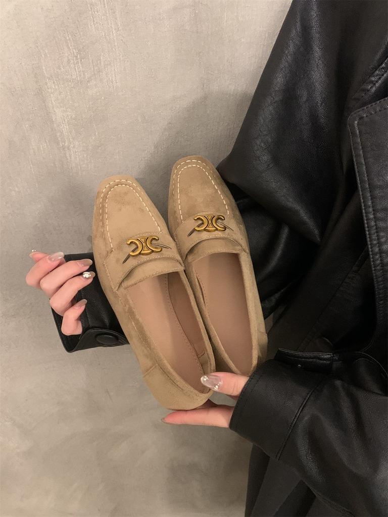 British style round head simple retro suede small leather shoes flat bottom one pedal outside wear versatile commuter shoes