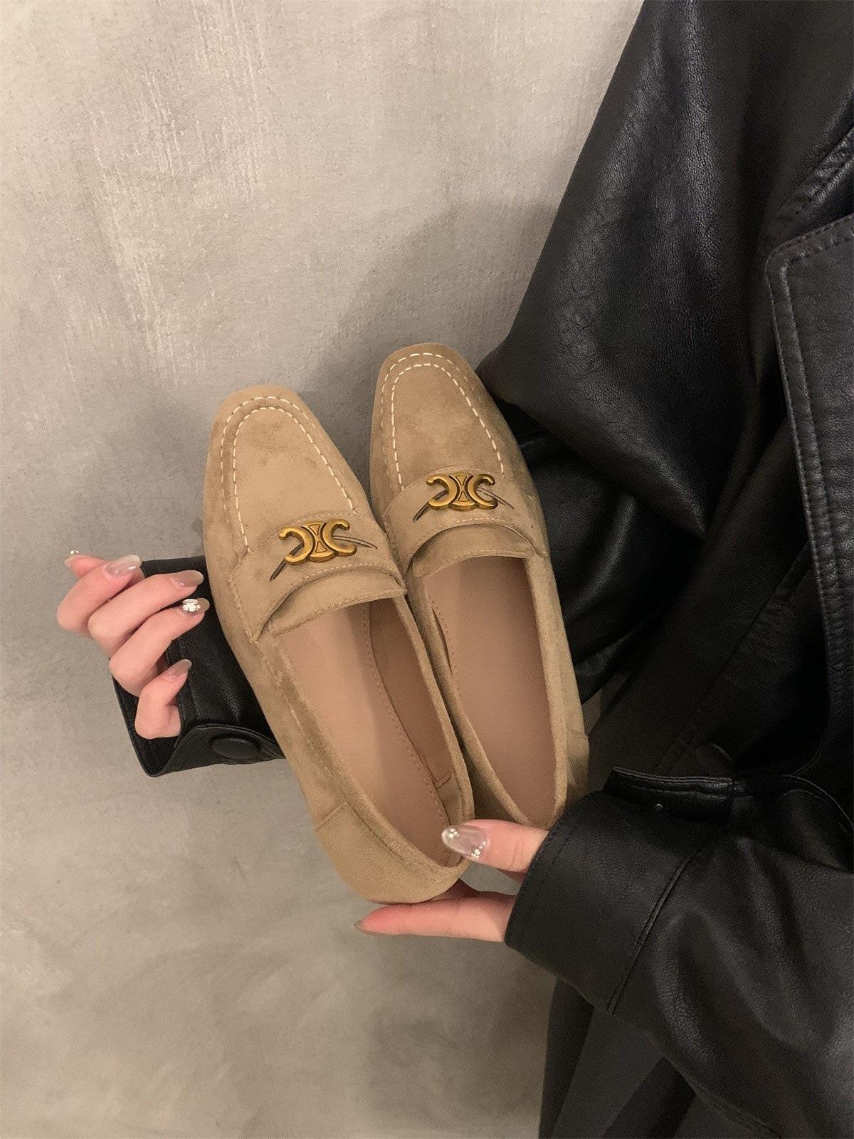 

British style round head simple retro suede small leather shoes flat bottom one pedal outside wear versatile commuter shoes 40 хакі