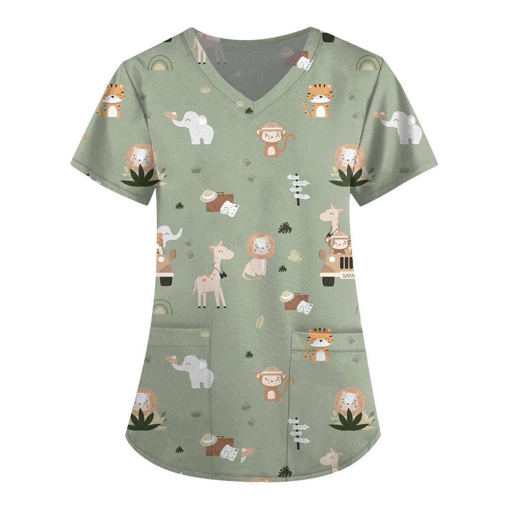 Women's Short Sleeve V-Neck Cute Animals Printed Pocket Carer Top