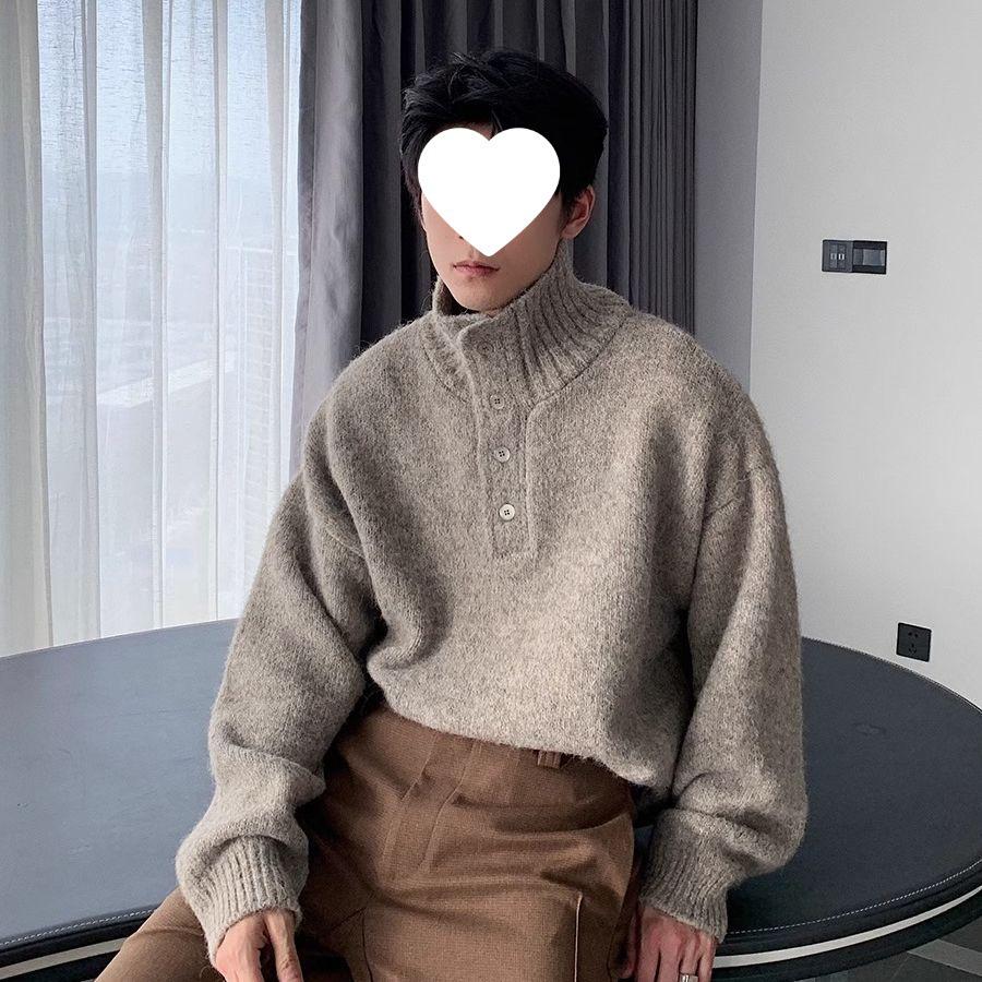2025 Men's Korean Style High Neck Wool Sweater - Autumn/Winter Knitted Loose Fit
