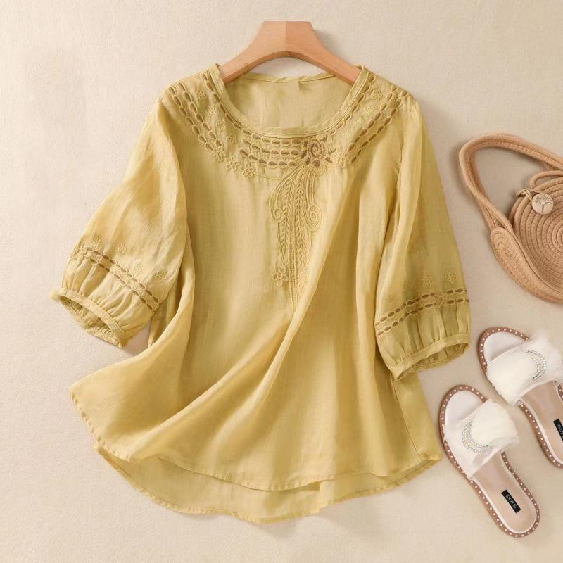 Elegant Women Square Neck Half Sleeve Work Blouses Summer Embroidery Shirt Fashion Holiday Tunic Loose Blusas Mujer