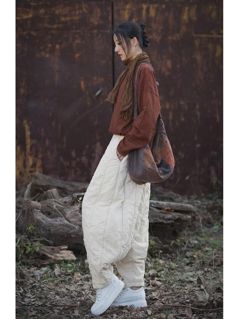 Women's Quilted Cotton-Linen Bloomers: Warm, Loose Carrot Pants for Autumn/Winter