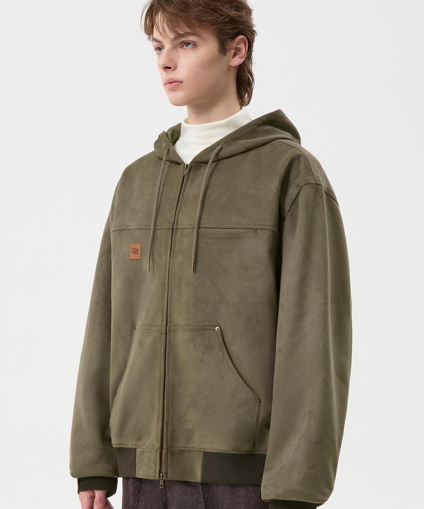 Trillion Leather Patch Suede Work Zip-Up Hoodie_Khaki