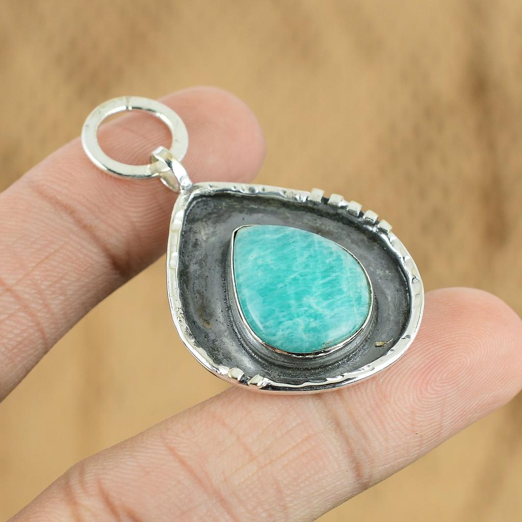 Anniversary Gift For Her Natural Amazonite Gemstone Pendant 925 Sterling Silver