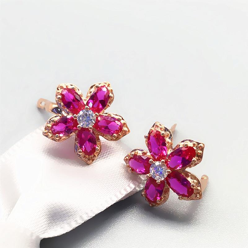 585 Purple Gold Plated 14K Rose Gold Inlaid Flower Ruby Earrings for Women Classic Glamour Luxury Engagement Dinner Jewelry