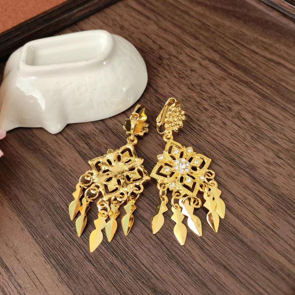 Bohemian Ethnic Tassel Earrings with Rhinestones for Non-Pierced Ears