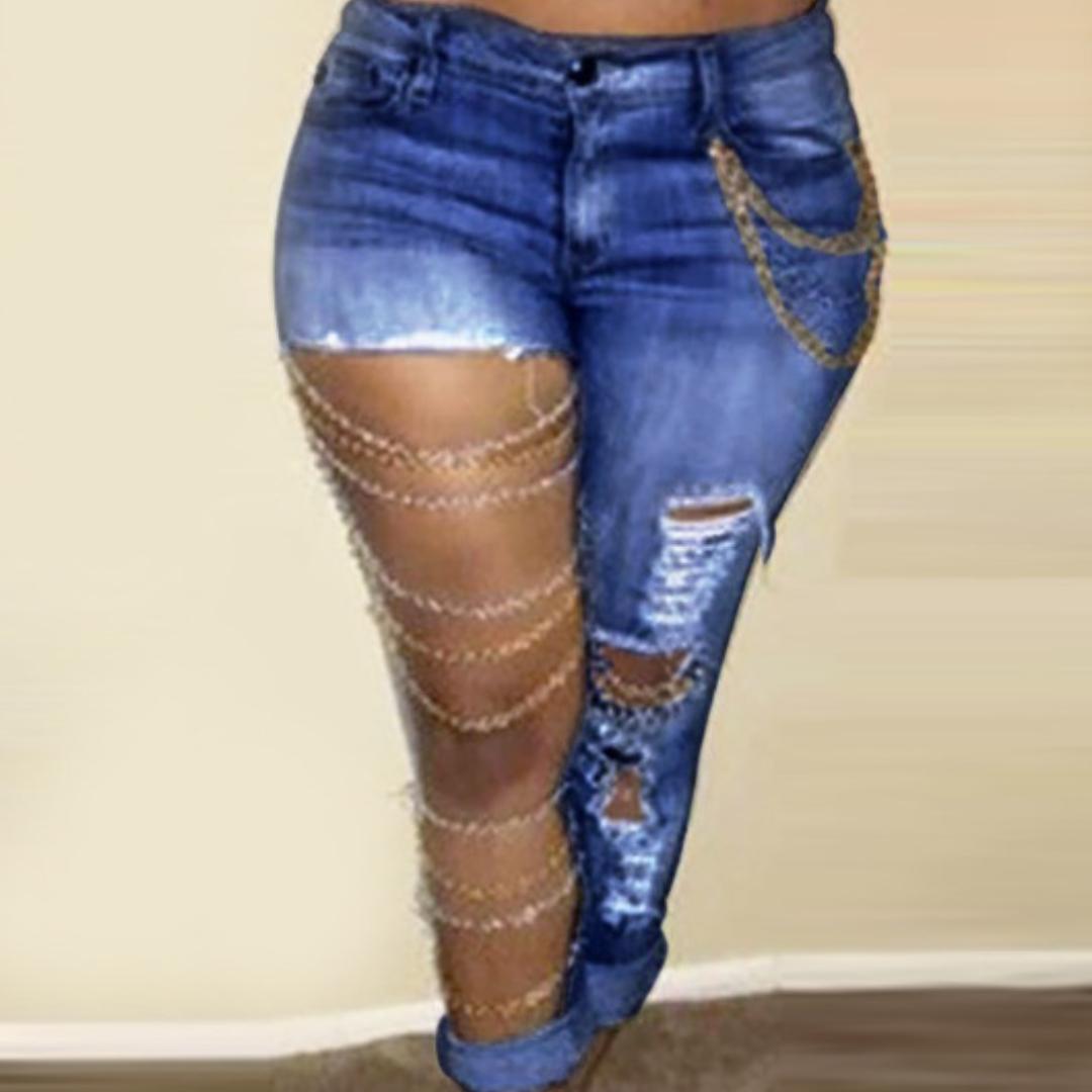 

Вузькі джинси з великою діркою жіночі ланцюгові чарівні брюки з маленькими ногами модні нові жіночі джинси 2XL