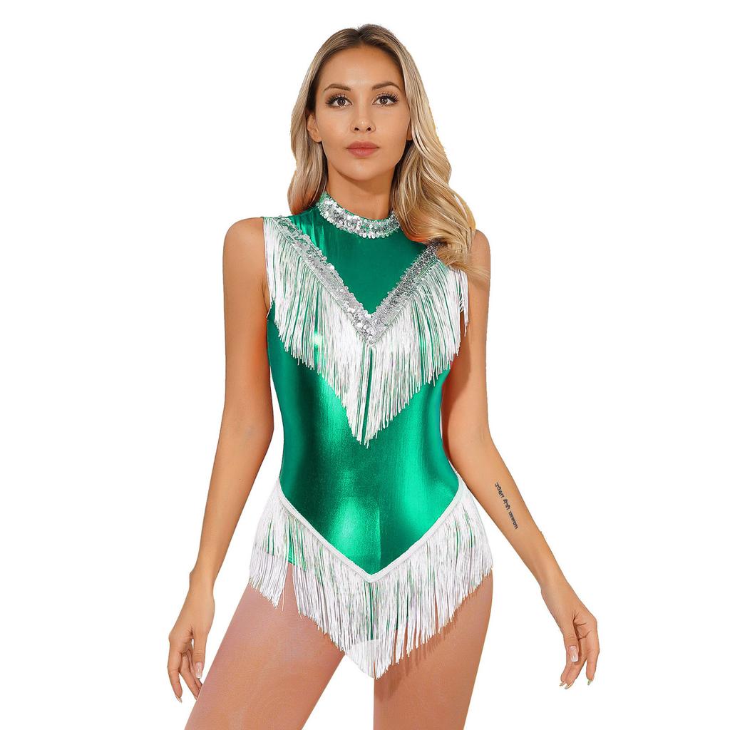 Womens Metallic Sleeveless Fringed Bodysuit Shiny Sequins Mock Neck Tassel Leotard for Latin Dance Performance