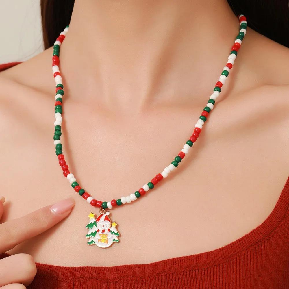 Snowflake Christmas Tree Santa Claus Pendant Chokers Women's Christmas Colorful Beads Necklace Collarbone Chain Xmas Gifts