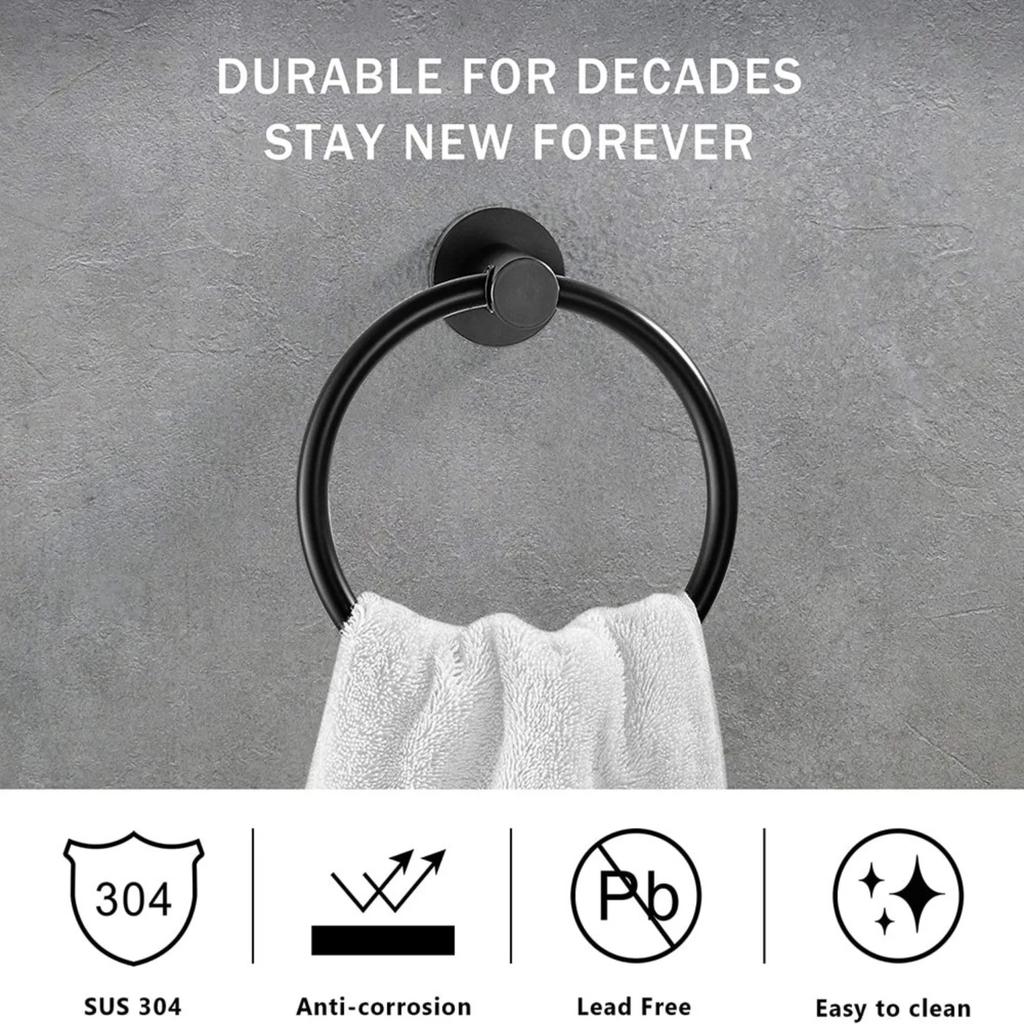Matte Black Towel Ring - Heavy Duty Stainless Steel Holder for Bathroom and Kitchen - Wall Mounted Storage Hangers