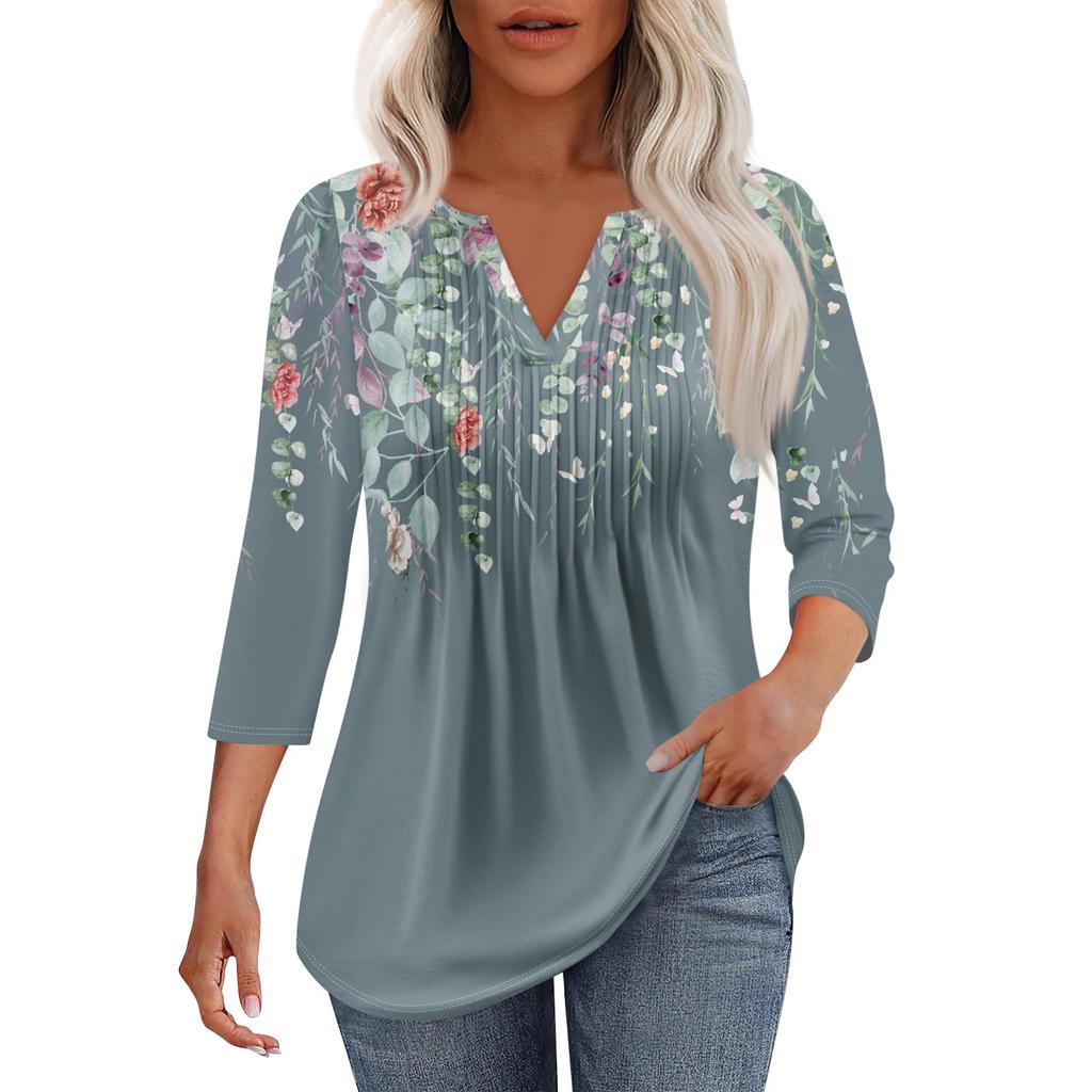 Moteabel avslappet plissert V-hals ensfarget syvkvart ermet T-skjorte topp for kvinner