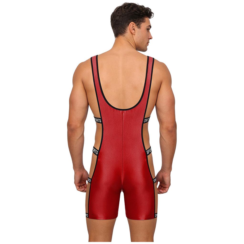 Tuta da allenamento lucida da uomo Scollo basso Spalline Taglio laterale Elastico Fondo a pantaloncino