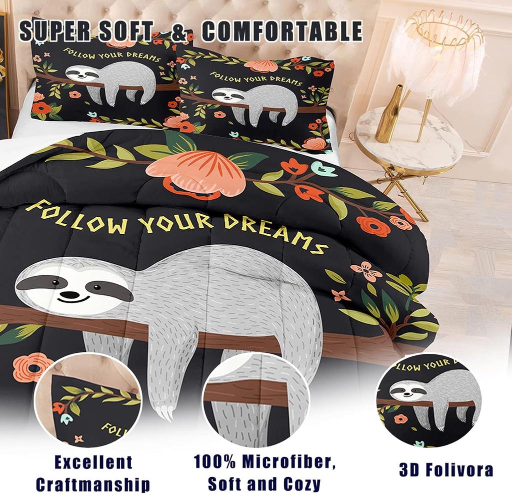 Comforter Sloth Comforter Bedding Set Twin For Boys Girls 3D Cute Sloth In Energy Saving Mode By Huging Trees Sleeping Soft Microfiber