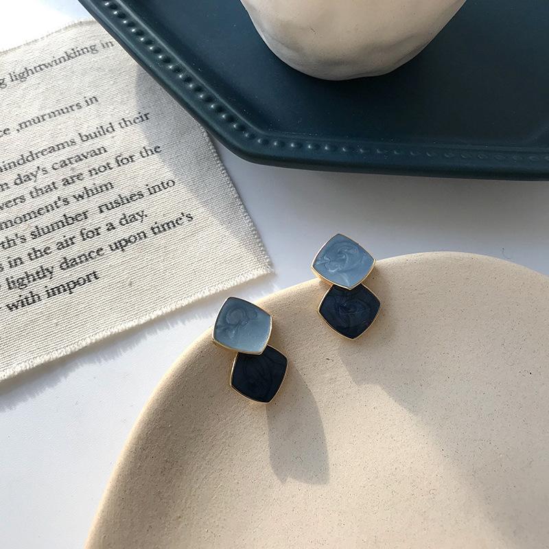 Enamel Blue Double Square Contrasting Color Stud Earrings for Women Modern Korean Fashion Cute Girl Geometry Zircon Accessories