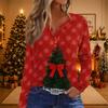 Women's Casual Christmas Print V-Neck Long Sleeve T-Shirt with Decorative Buttons for Holiday Parties