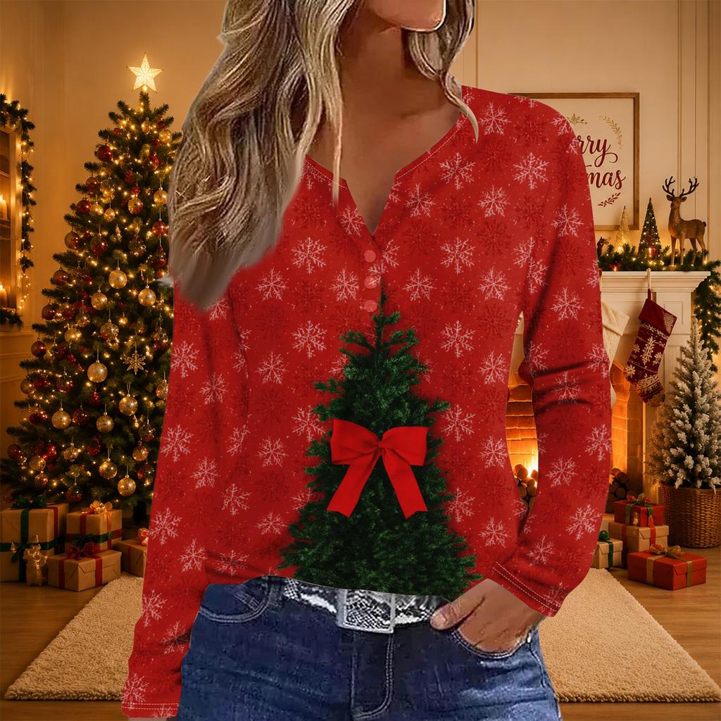 Women's Casual Christmas Print V-Neck Long Sleeve T-Shirt with Decorative Buttons for Holiday Parties