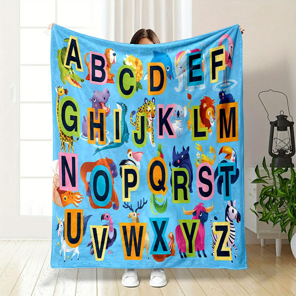 Alphabet Letters Paired with Colorful Animal Illustrations On Blue Background. for All Seasons Blanket Lunch Break Throw Gift