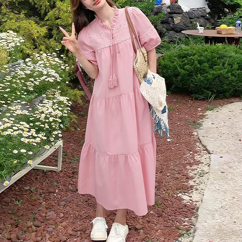 ZANZEA Women Casual Round Neck Elegant Lace Patchwork Short Sleeve Long Dress