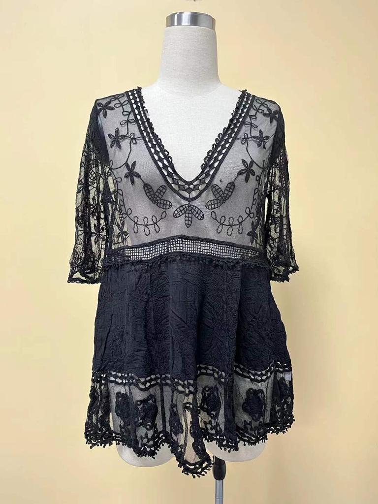 Stylish V-Neck Lace Embroidered Bikini Cover-up with Sun Protection