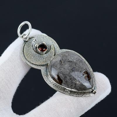 Erdiger Schlammriss-Jaspis, Granat-Edelstein-Anhänger, 925er Sterling-Silber-Anhänger, handgefertigte Halskette, Heilkristall-Schmuck für Geschenke