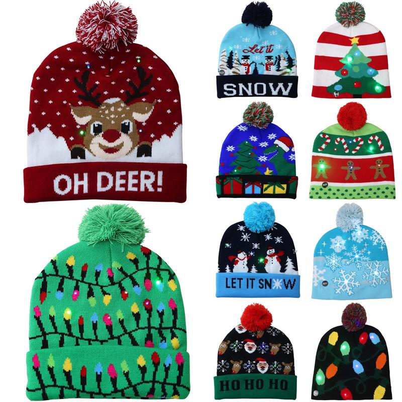 Xmas Knitted Beanie Hat Winter Warm Mens Ladies Women Ski Cap With Light Led