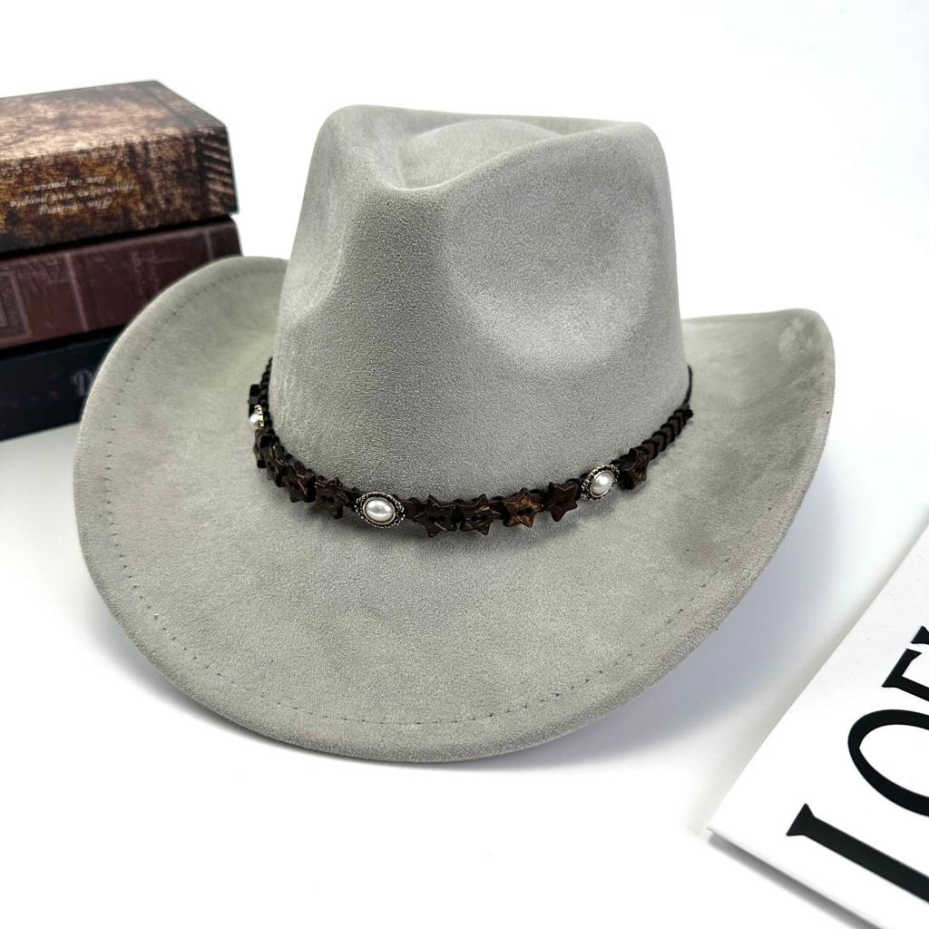 Western Cowboy Hat Women'S Wool British Suede Pearl Accessories Peach Heart Top Hat