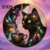 Decorative Window Sun Catcher Stained Glass Style Black Cat And Magic Coffee Cup Hanging Ornament for Wall Niche Pendant Decor, Acrylic Art Decor
