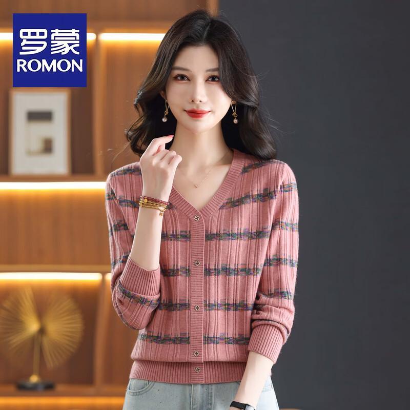 ROMON Women's V-Neck Striped Knit Cardigan