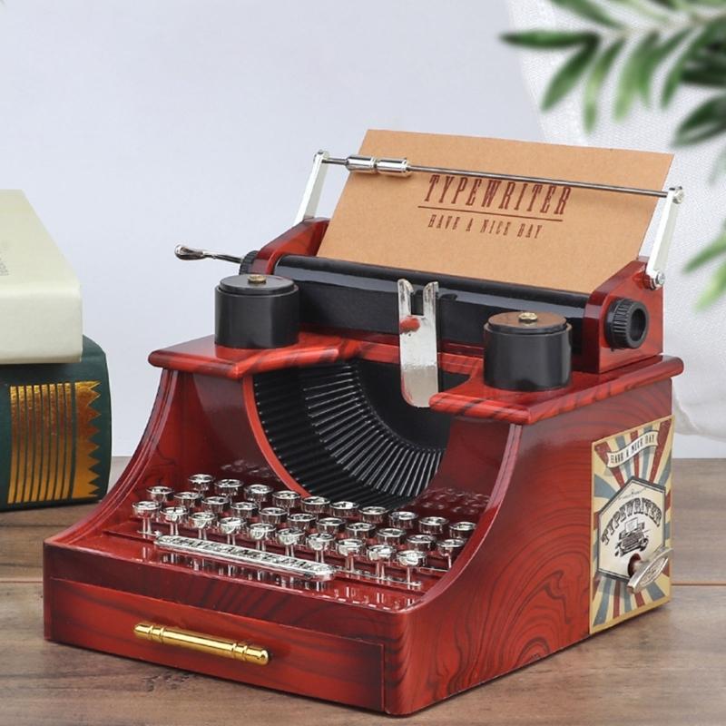 Retro Design Wind Up Mechanical Music Box In Typewriter Shape Sweet Melodies with Drawer Home Desktop Shelf Decors