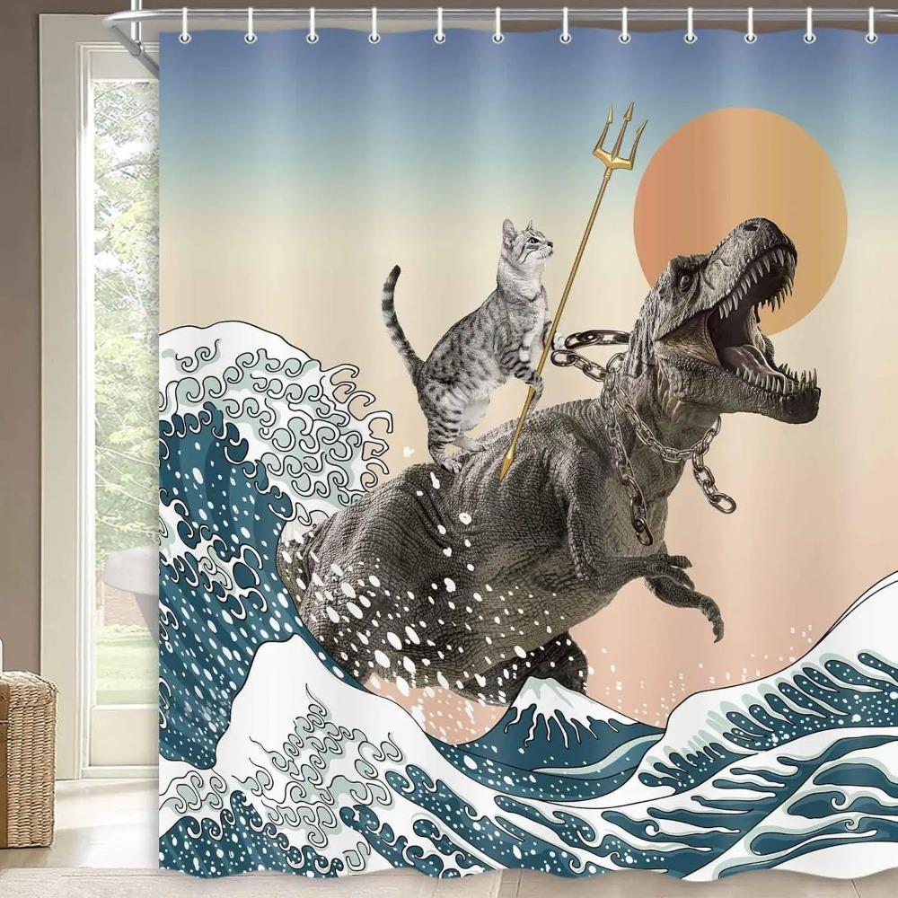 Funny Cat Printed Shower Curtain Cute Dinosaur Ocean Wave Nautical For Bathroom Decor