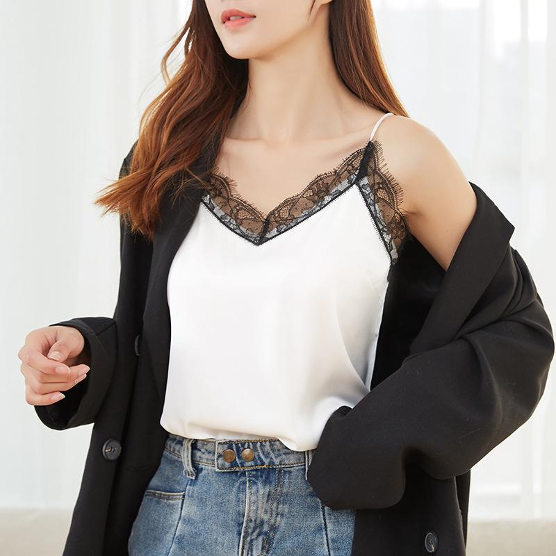 New Spring/Summer Loose Backless Solid Color Silk V-Neck Lace Camisole for Women