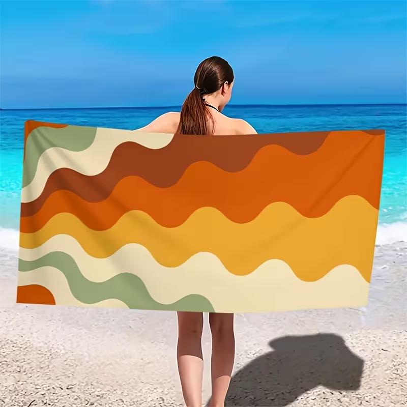 Retro Wavy Striped Beach Towel Geometric Minimalist Abstract Wave Print Quick Dry Sandproof Absorbent Towel for Beach Vacation