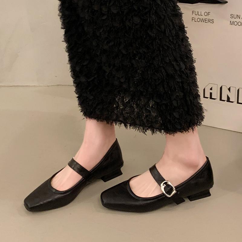 2025 Spring New Women Mary Jane Shoes Fashion Square Toe Shallow Ladies Middle Heeled Leather Shoes Elegant Women's Dress Shoes