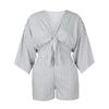 Summer Women'S Beach Resort Striped Knotted Tie Half-Sleeve V-Neck Slim Fit Waist Elastic Jumpsuit