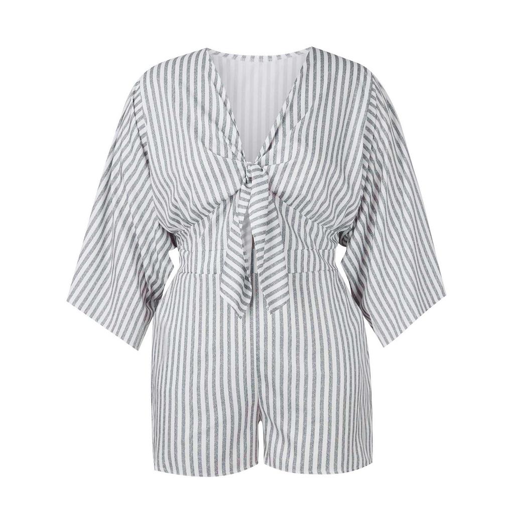 Summer Women'S Beach Resort Striped Knotted Tie Half-Sleeve V-Neck Slim Fit Waist Elastic Jumpsuit
