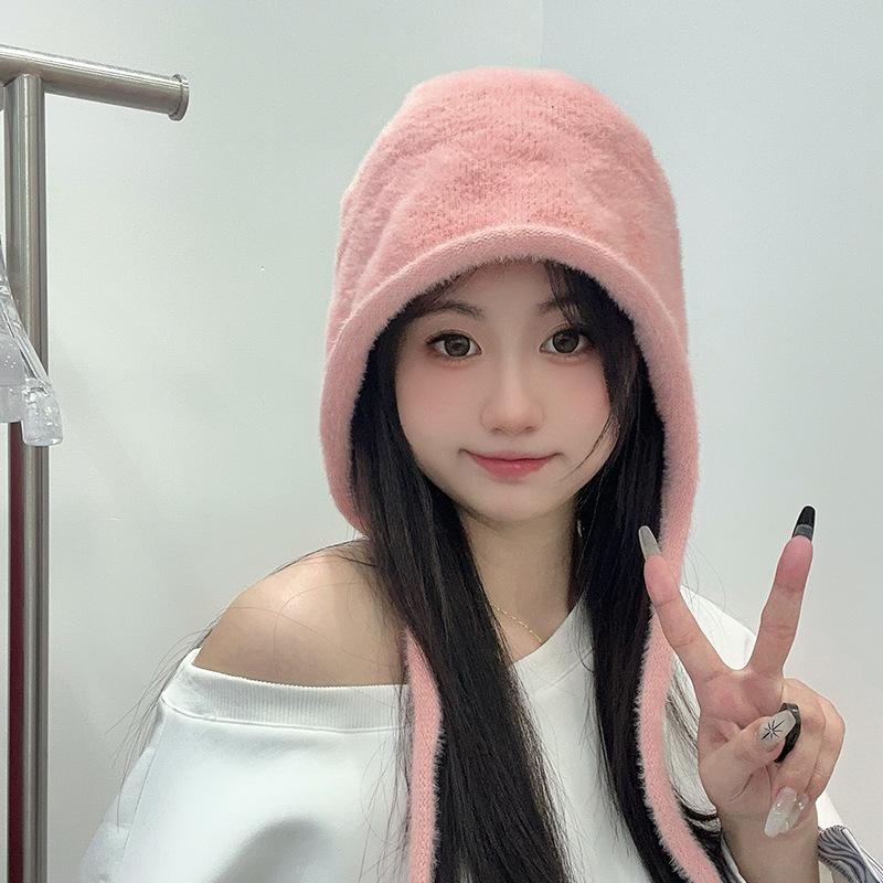 Small Knitted Hat for Women with Autumn and Winter Warm Plush Hat for Students Sweet and Cute Ear Protecting Hat Straps for Head Hat Trendy