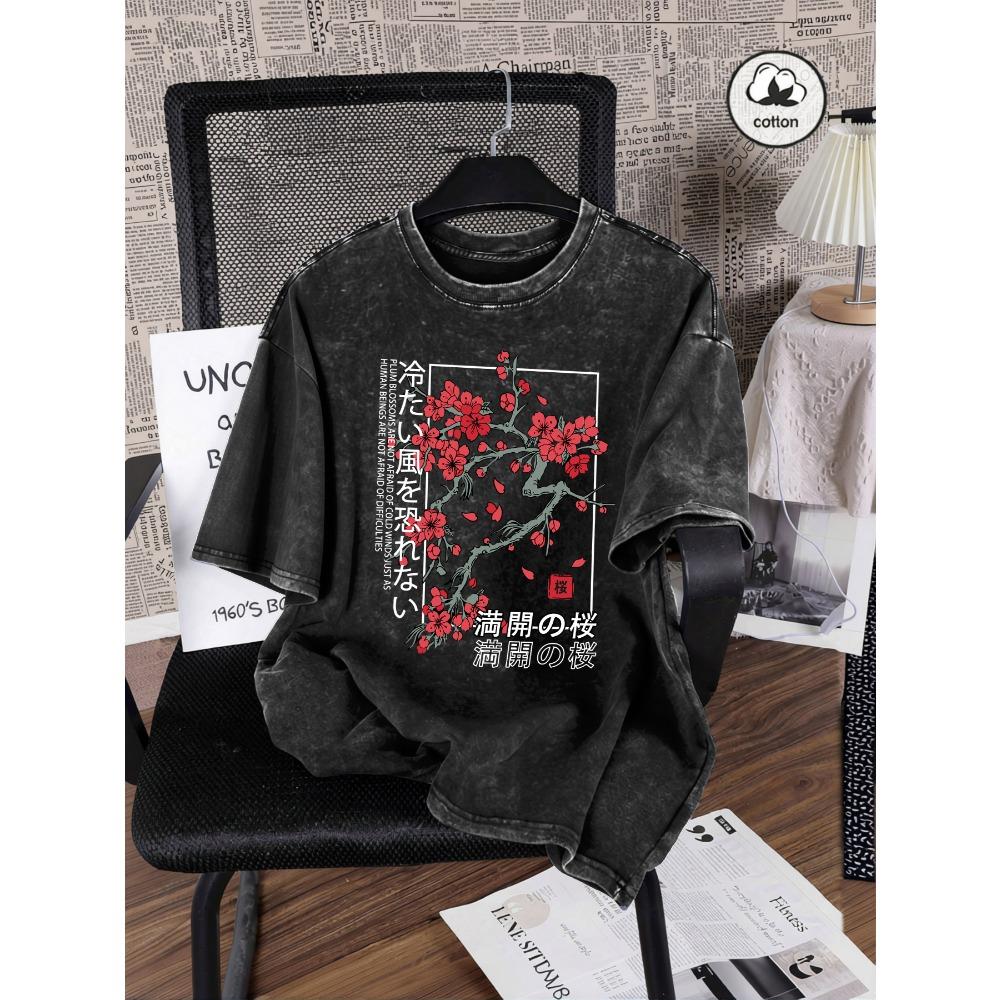 Japan Tokyo Beautiful Cherry Blossom Printed Women Washed T Shirt Summer Cotton T-Shirts Loose Y2K Clothe Short Sleeves
