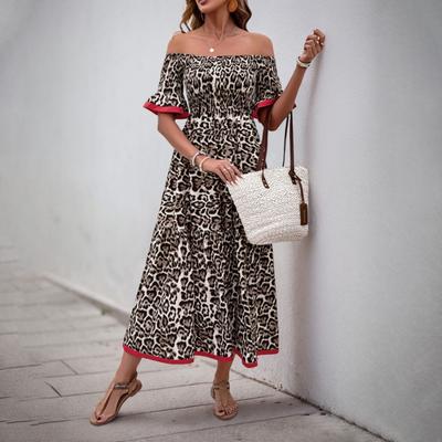Women's Summer Off-the-shoulder Mid-length Dress with Lotus Sleeves and A Line Neck Leopard Print Dress