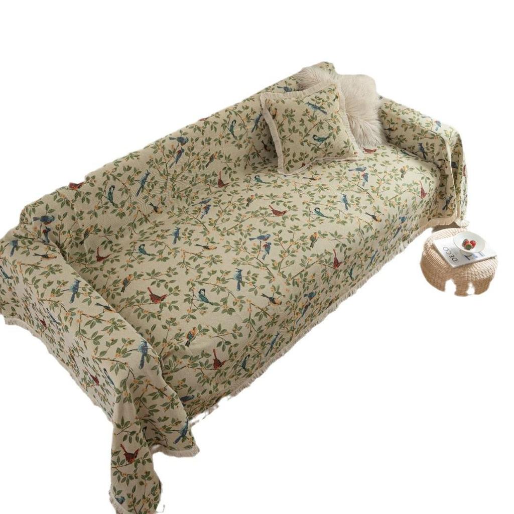Pokrowiec żakardowy na sofę odporny na drapanie przez kota - Zielony, wzór retro kwiatowy i ptaki, świąteczny i gruby koc
