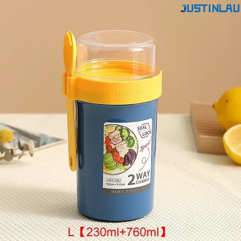  790ml/990ml Salad Oatmeal Cup Breakfast Double Cup Cereal Nut Yogurt Container Set With Dressing Holder Fork