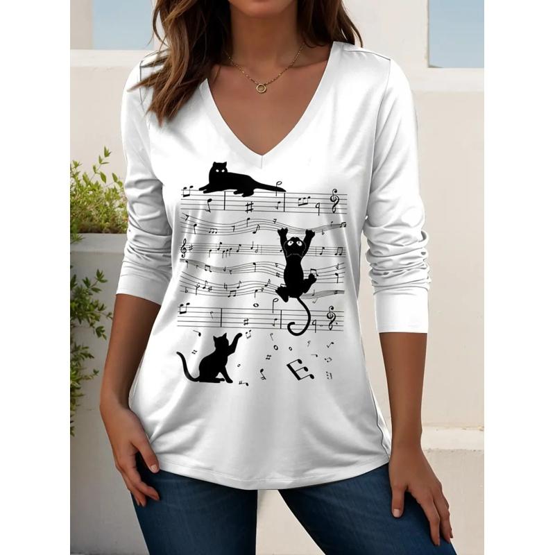 

Женские футболки с графикой музыкального фестиваля, элегантные модные футболки, футболки с длинным рукавом, V-образный вырез, обычные топы, повседневный пуловер, осень XL