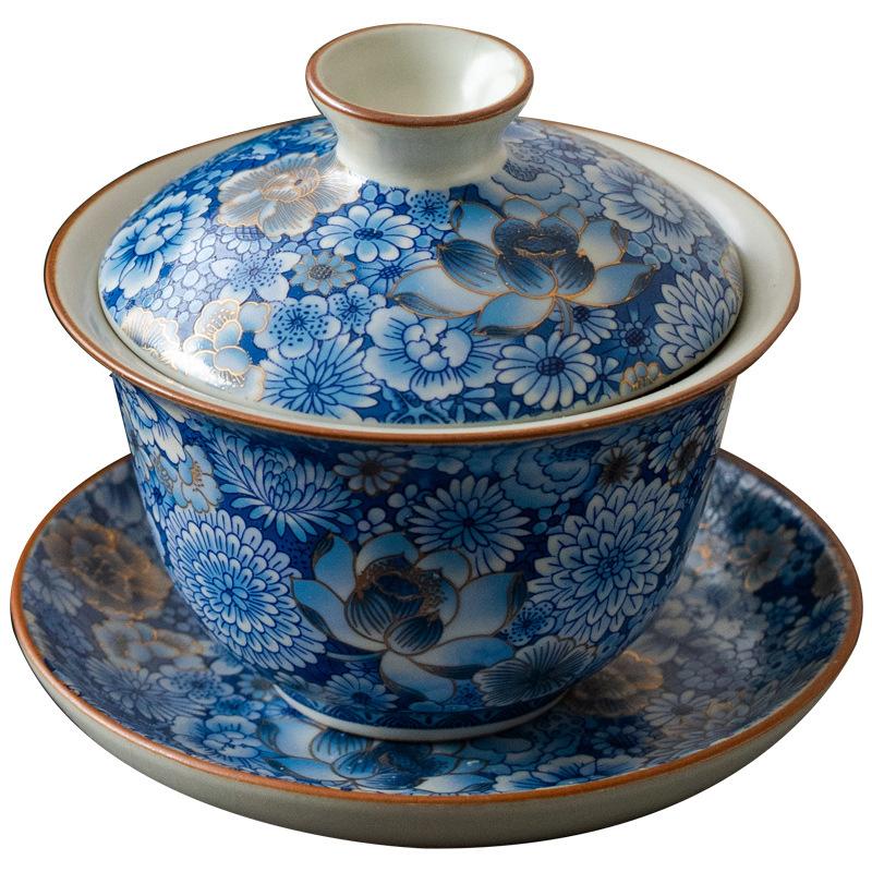 

1PC 110ml high quality blue and white porcelain teacup with lid exquisite ceramic gaiwan home portable tea infuser beauty teacup