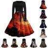 Women's Casual Vintage Halloween Print Dress Long Sleeve Round Neck Retro Swing Skater Dress with Waist Tie for Fall and Winter