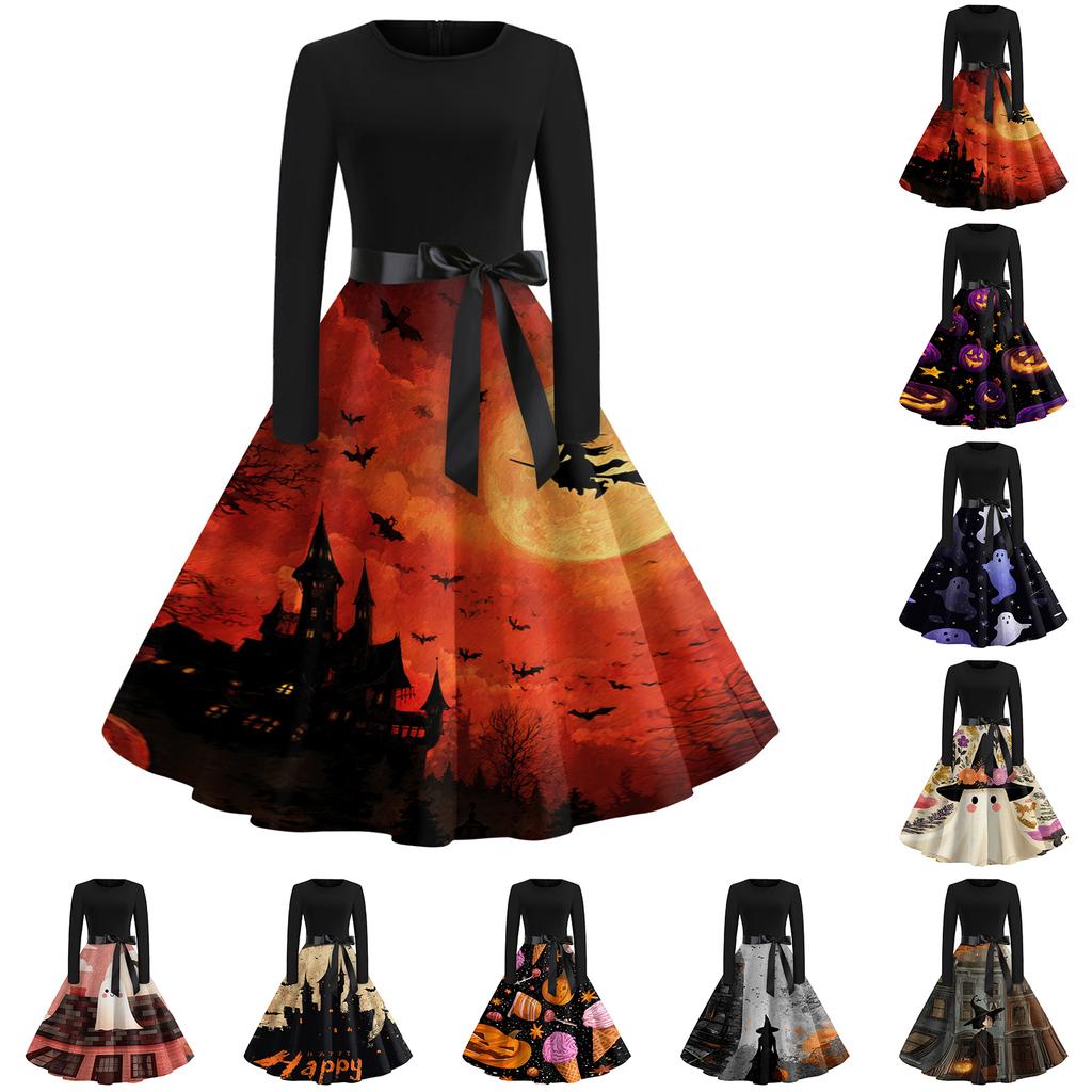 Women's Casual Vintage Halloween Print Dress Long Sleeve Round Neck Retro Swing Skater Dress with Waist Tie for Fall and Winter