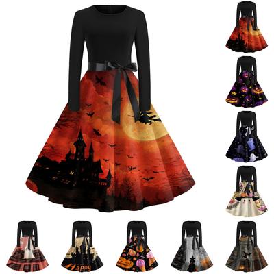 Women's Casual Vintage Halloween Print Dress Long Sleeve Round Neck Retro Swing Skater Dress with Waist Tie for Fall and Winter