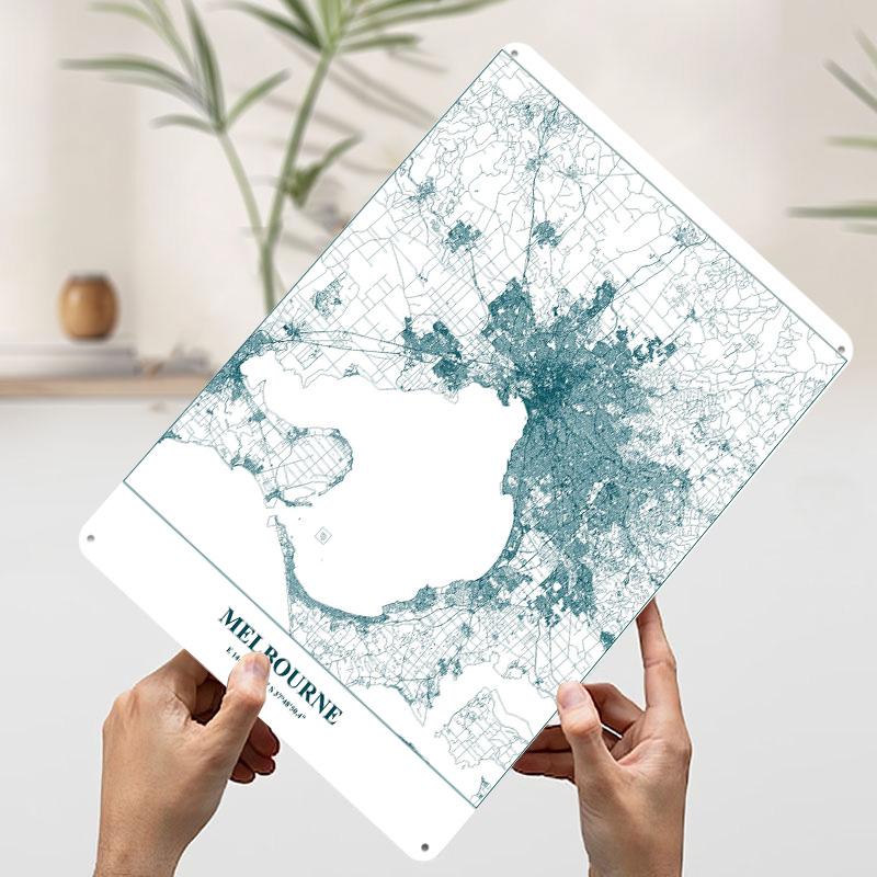 Melbourne City Map Teal on White Tinplate Poster Customized Wall Art Vintage Metal Signs Retro Tin Plaque for House Office Decor