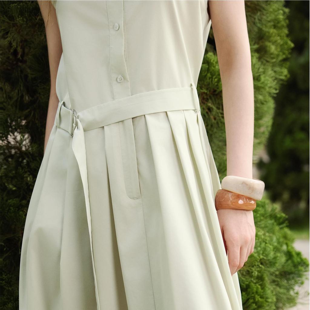 ELLE Shirt Dress with Matching Cotton Pale Office [ELLE] Women's Belt, Blend, Stretch, Green, Elegant, Commuting, Casual, Spring/Summer