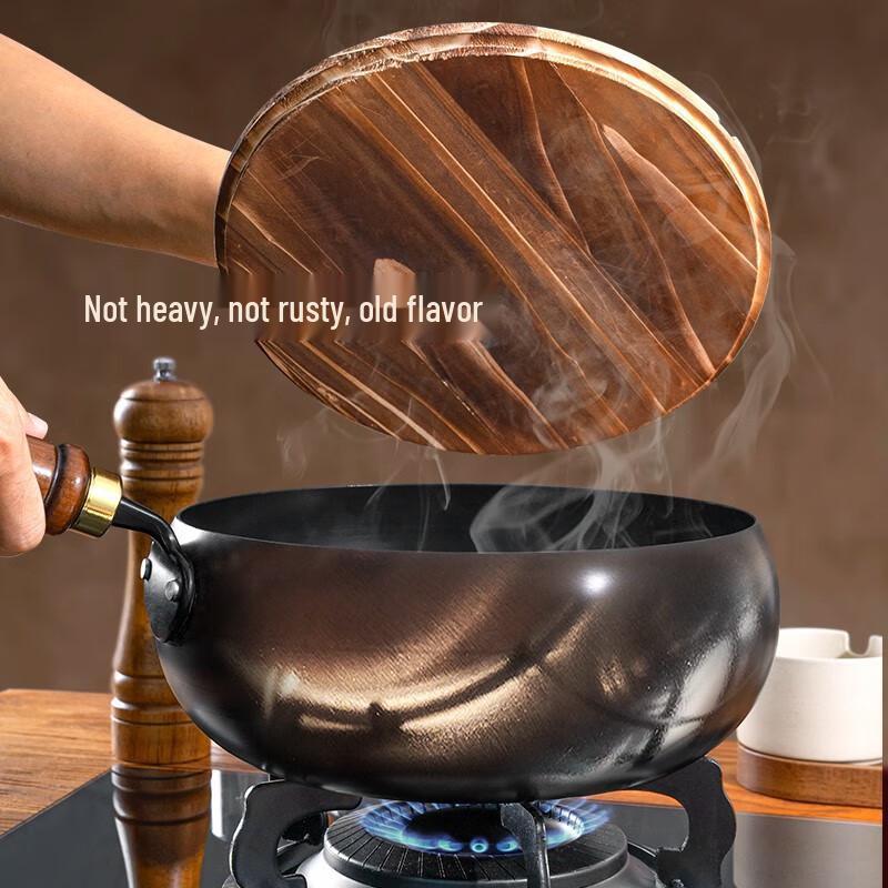 Wutuo 24cm Żeliwna Wok Bez Powłoki z Drewnianą Pokrywką