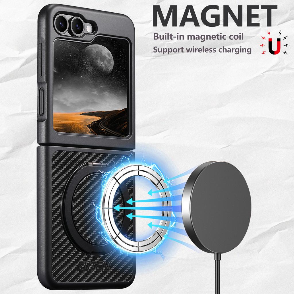Mobile Phone Case Magnet Wireless Charging 360° Rotating Stand Faux Leather Ring Buckle for Samsung Galaxy Z Flip 7 6 5