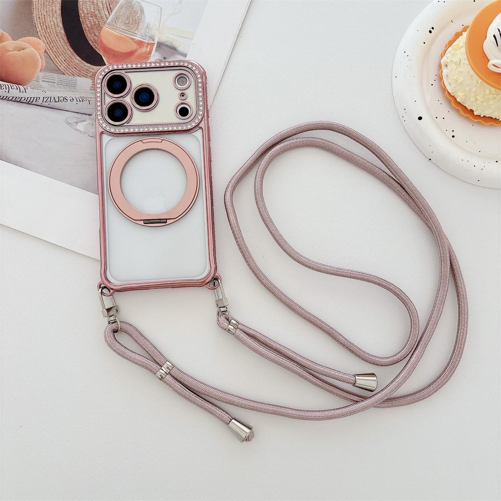 Crossbody Lanyard Electroplated Rotating Stand Magnetic Phone Case for IPhone Air 17 16 Plus 15 14 13 Pro Max for Magsafe Cover
